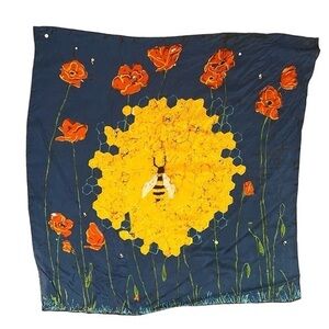Royal Blue Silk Scarf with 🐝 Bee, Yellow Honeycomb & Red Poppies Flowers